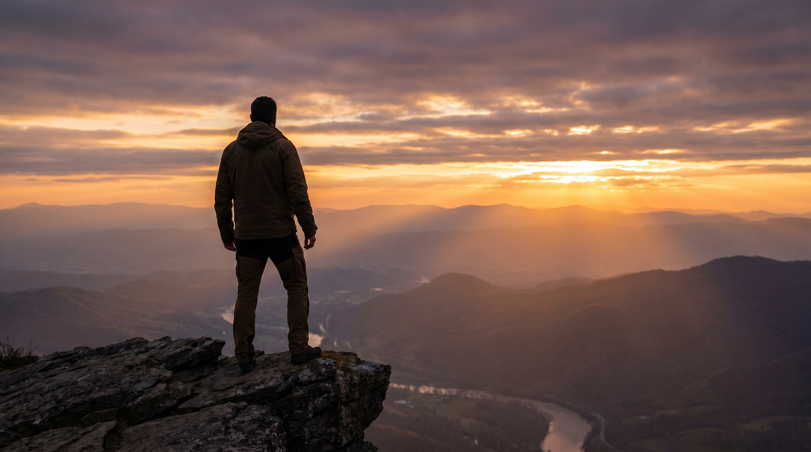 A man standing on a cliff at dawn, looking toward the horizon